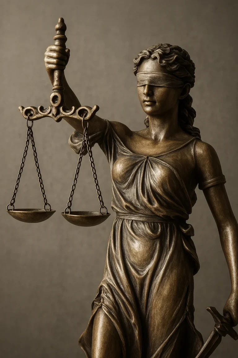 Statue Frau Justizia blind mit einer Waagschale in der Hand